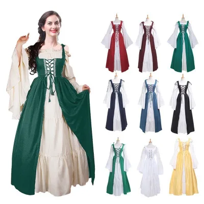 Guangzhou Auyan Long Medieval Vintage Floor-Length Dress Velvet Binding Flared Sleeves Sequined Decoration Natural 2pcs