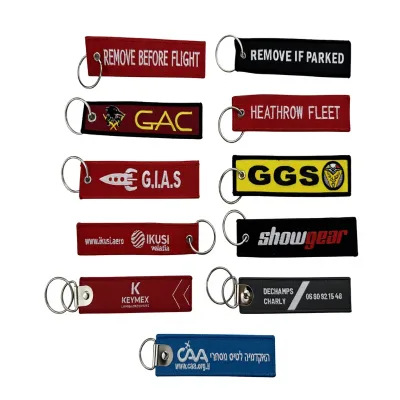 Wholesale Manufacturer Pilot Keychain Custom Fabric Double Sided Merrow Border Key Ring Tag for Aviation Promotion