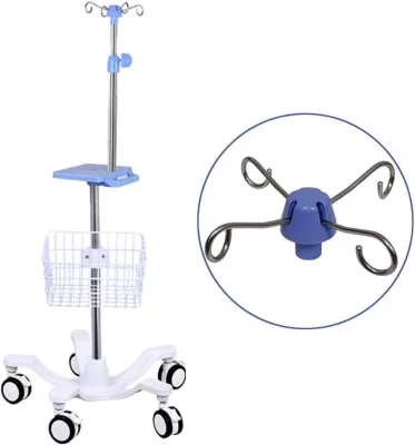 YAZHIYI Portable IV Pole Wheels IV Drip Stand Tray Cast Iron Base Air Pressure Buffer 5 Casters Brake Basket Lifetime Warranty