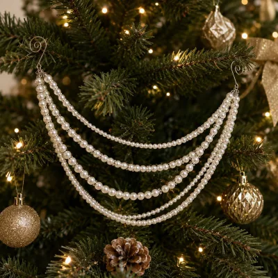 Christmas Tree Pearl Swag, Cream Iridescent Pearl Drape with Rhinestone Beads, 48cm Artificial Xmas Tree Hanging Ornament
