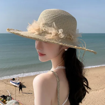 Summer New Style Hat Fashionable Flower Pattern Beach Straw Hat for Outdoor Travel Photography Parge Brimmed Hat with Sun