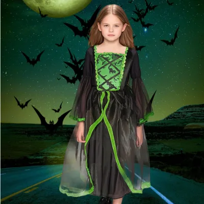 Halloween Green and Black Witch New Design Kids Costumes Halloween Party Girls Princess Costume for Performance