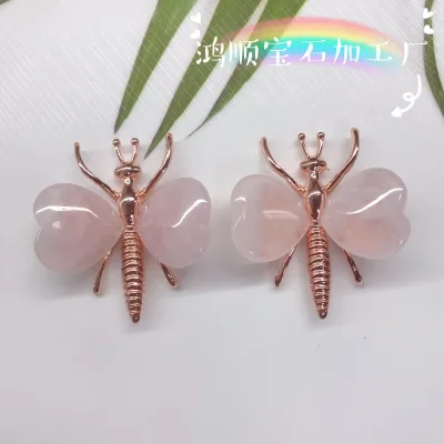 HY Natural rose quartz Butterfly With Crystal Heart Ornament Statue Animal Collectible