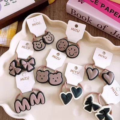 Cute Small Cartoon Coffee Color Children's Hair Circle smiley Bow Girl's Hair Tie Rubber Band