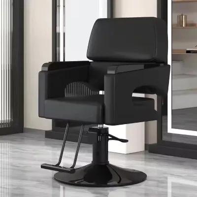 Hydraulic Swivel Barber Chair PU Leather All Black Cutout Arms Headrest Footrest Adjustable Height Salon Furniture Frisierstuhl