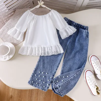 Girls' Foreign Trade Children's Clothing Set Simple White Long-sleeved Top and Denim Pants Two-piece Set Girls Clothing Set
