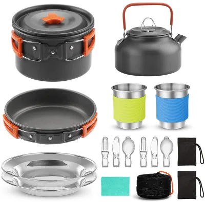 2-3 Person Aluminium Alloy Camping Cooking Utensils 15pcs Camping Cookware Mess Kit Folding Camping Cooking Set