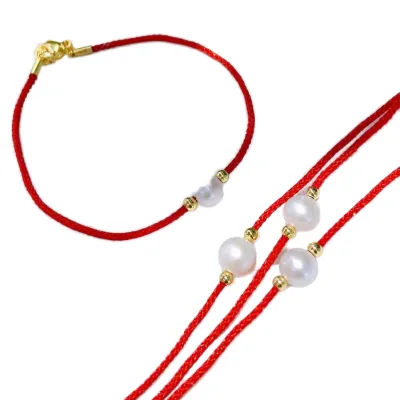 Handmade 7-8mm Near Round Flawless Freshwater Pearl Bracelet Little Red Rope Amazing Bangle