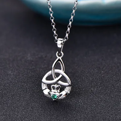925 Sterling Silver Claddagh Pendant Necklace Celtic Knot Green CZ Stone Irish Symbol Jewelry Gift for Women