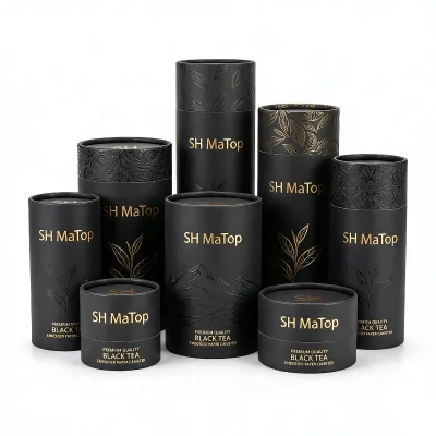 Custom High-End Eco-Friendly Black Cardboard Canister Cylindrical Kraft Paper Tube Cosmetics Gift Box Gold/Silver Hot-Stamping
