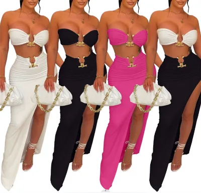 S820-2023 New Arrivals Strapless High Slit 2 Piece Maxi Skirt Set Cute Skirts Set