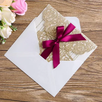 Custom Hollow Rose Laser Cut Wedding Invitations Cards with Envelopes, Printable Paper with Burgundy Ribbons