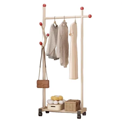 Cream Style Heavy-duty Movable Floor Coat Rack with Hooks, Simple Garment Stand for Bedroom, Dorm, and Balcony.