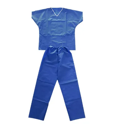 Disposable Nonwoven Uniforms Scrub Top and Pants in Light Blue and Dark Blue