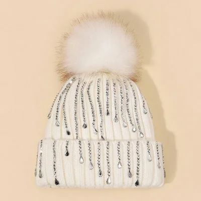 Women Girls Acrylic Knit Cuff Rhinestones Beanie with Removable Faux Fur Pompom