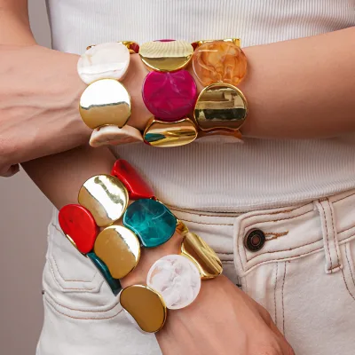 Wholesale Colorful Fashion Women Acrylic Resin Circular Spliced Elastic Bracelet Geometric Women Gold Large Bracelet Bangle Gift