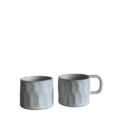 Elegant White Ceramic Mug with Geometric Pattern and Comfortable Grip, Perfect for Sipping Your Favorite Drink.