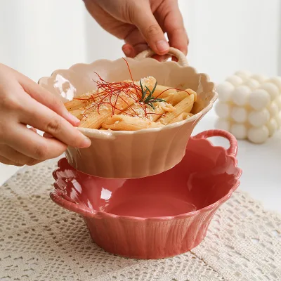 Household Double-handle Ceramic Bowl Simple Design Striped Lace Durable Party Use Ramen & Soup Bowl