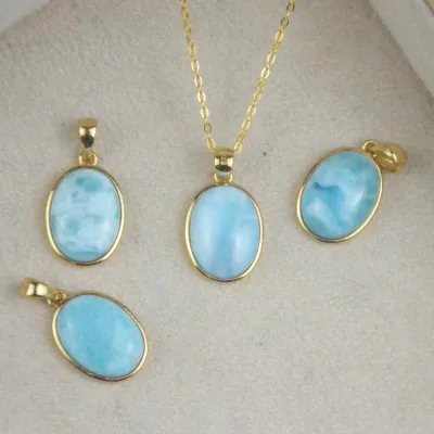 Genuine Caribbean Blue Larimar Pendant 925 Sterling Silver Rhodium Plated Oval Cabochon 18x13mm Trendy Jewelry Wholesale Stock