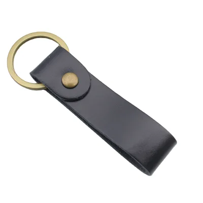 Vintage Solid Color Genuine Leather Keychain Brass Snap Button Metal Key Ring Custom Logo Car Key Pendant Promotional Gift