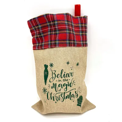 Christmas Gift Bag Apple Bag Present Bag Plaid Fabric Burlap Candy Decoration Stocking with 'Believe in Magic Christmas' Print