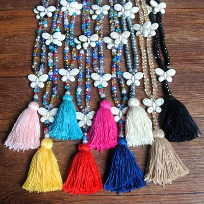 2026 Colorful Crystal Sporty Bamboo Necklace Women's Long Autumn/Winter Sweater Chain White Turquoise Butterfly New Arrival