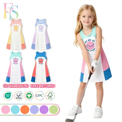Toddler Girls Sleeveless Patchwork Tennis Dress Cute Ball Letter Print Breathable Sport Dress US Stock for Kids Sports Activity