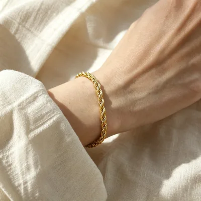Tarnish Free Stainless Steel Twisted Rope Bracelet 18K Gold PVD Plated Hypoallergenic Fashion Jewelry Bracelet