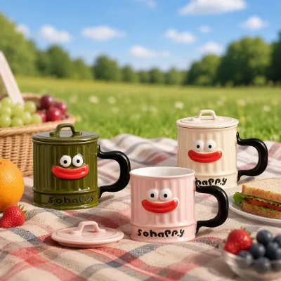 Wholesale Creative Funny Big Mouth Ceramic Coffee Mug with Lid for Couple Gift Office Home Breakfast Cup