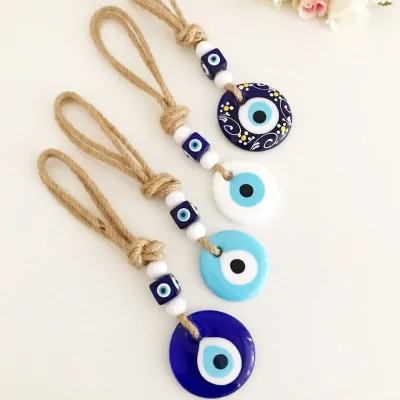 Multicolor Round Turkish Evil Eye Glass Pendant Hand Woven Linen String Nazar Amulet Hanging Decor Car Interior Door Hanging