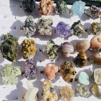 Adjustable Natural Irregular Tourmaline Raw Stone Cluster Crystal Mineral Rings Jewelry Ring for Gifts