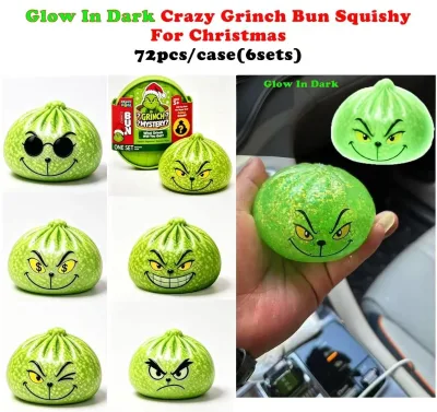 Glow in Dark Edition Green Furry Monster Grinch 8.5cm Bun Stress Relief Squeeze Fun Gift Blind Box Creative Stress-Relief Toy