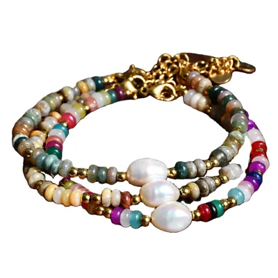 Dainty Boho Vintage Bracelet Colorful Agate & Freshwater Pearl Adjustable Stainless Steel Chain Ball Shape Perfect Gifts for Her