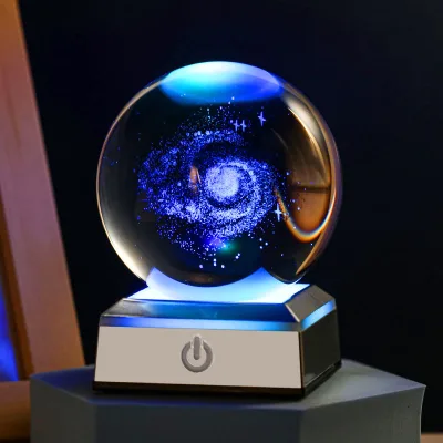 80mm  3D Laser Engraving Crystal Ball  with Light up Base Planet Science Astronomy Learning Toys Educational Gift Foe Kids