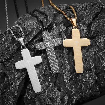 Border Bible Stainless Steel Cross Pendant Necklace for Men Religious Christian Gifts Hip Hop Cross Necklace for Men Women