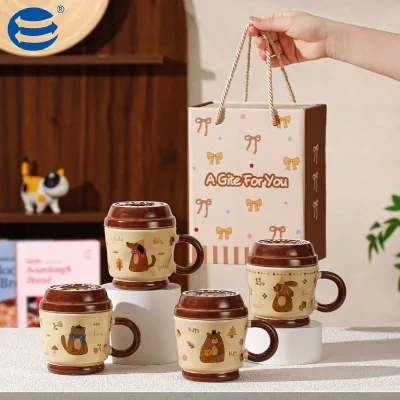 Cute Cartoon Bear Dog Cat Rabbit Ceramic Mug With Lid Retro Porcelain Water Cup Gift Box For Gift