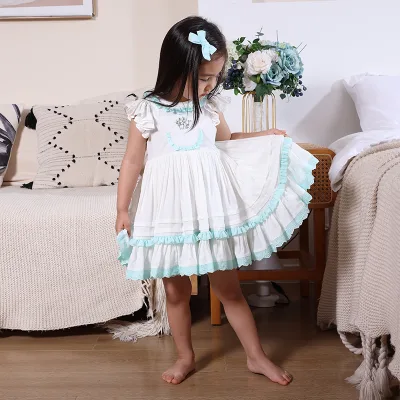 Summer Kids Girl Mint Green Viscose&Cotton Embroidery Dress Square Neck Puff Sleeve A-Line Skirt Soft Comfortable Clothing