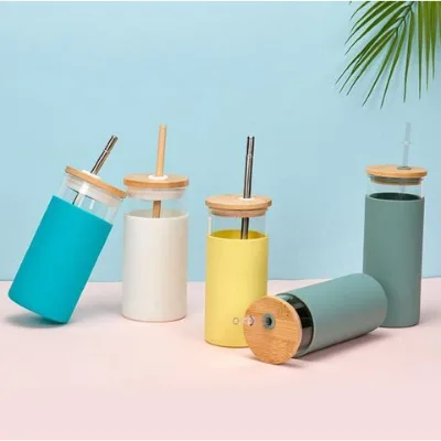 16 oz unbreakable glass water bottle with soft sleeve / silicone seal with bamboo lids for women and man