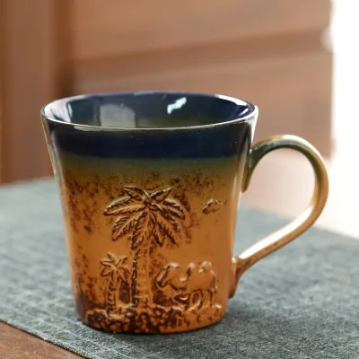 Hand-painted Relief Design Vintage Light Luxury Retro Ceramic Coffee Mug Kiln Glaze Finish for Home & Outdoor Use