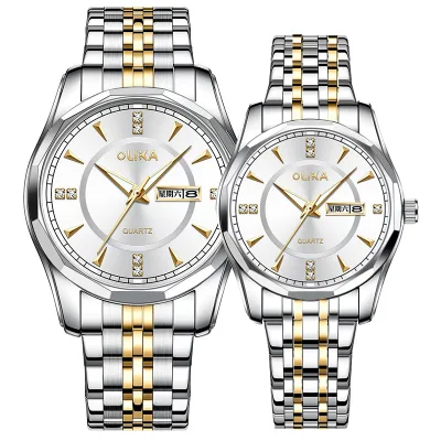 C912   Couple Watch Luminous Quartz Watch Double Calendar Stainless Steel Fashion Watch