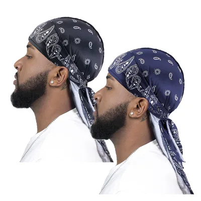 Wholesale Custom 2pcs Set Paisley Pattern Head Wrap Silky Satin Durags Headwear Durag Wigs Turban Doo Biker Pirate Hat for Wom