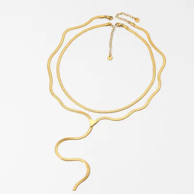 Clioro Women's Trendy Y-Shaped Gold Plated Flat Herringbone Double Chain Necklace Two Layer Snake Bone Stainless Steel for Gift