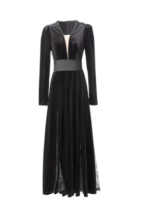 Plus Size Long Dress 2026 Spring Winter Women Sexy Tulle Lace Patchwork Bow Belt Long Sleeve High Quality Velvet Maxi Dress