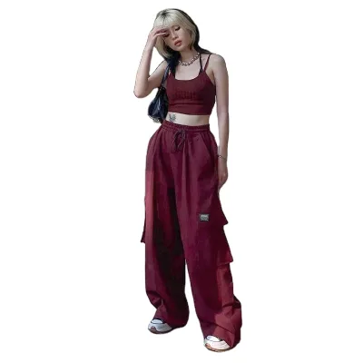 Summer Sports Low Waist Woven Cargo Pants Wide Leg Trousers Loose Sweatpants
