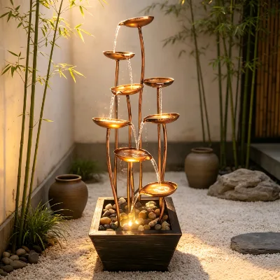 Garden Freestanding Water Feature, Multi-Layer Lotus Leaf Iron Cascading Fountain, for Corner of Zen-style Courtyard