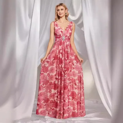 A Slender Long Chiffon Dress for Women with a V-neck and pink Printed Evening Gown