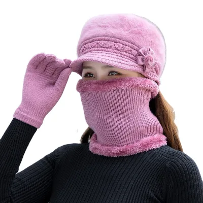 Autumn Winter Beanies Women Warm Wool Elegant Flowers Knitted Hat Scarf Glove Set Female Three-Pieces Set