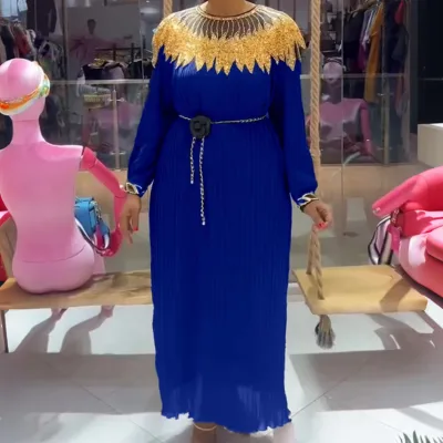 Three-Color Heavy Industry Sequin Dress Chain Belt Pleated Loose Long Sleeve for Chubby Girls Casual Dashiki Style