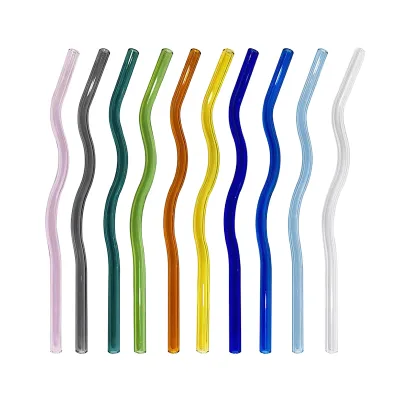 8*200mm Eco-Friendly High Borosilicate Wavy Glass Straw Multi-Color Reusable Food Grade Washable Drinking Straws Custom Logo