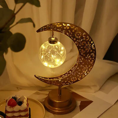 Cross Border Led Ramadan Moon Shape Desktop Light Festival Decoration Hollow Out Moon Lamp Plastic Muslim Decor Storm Lantern